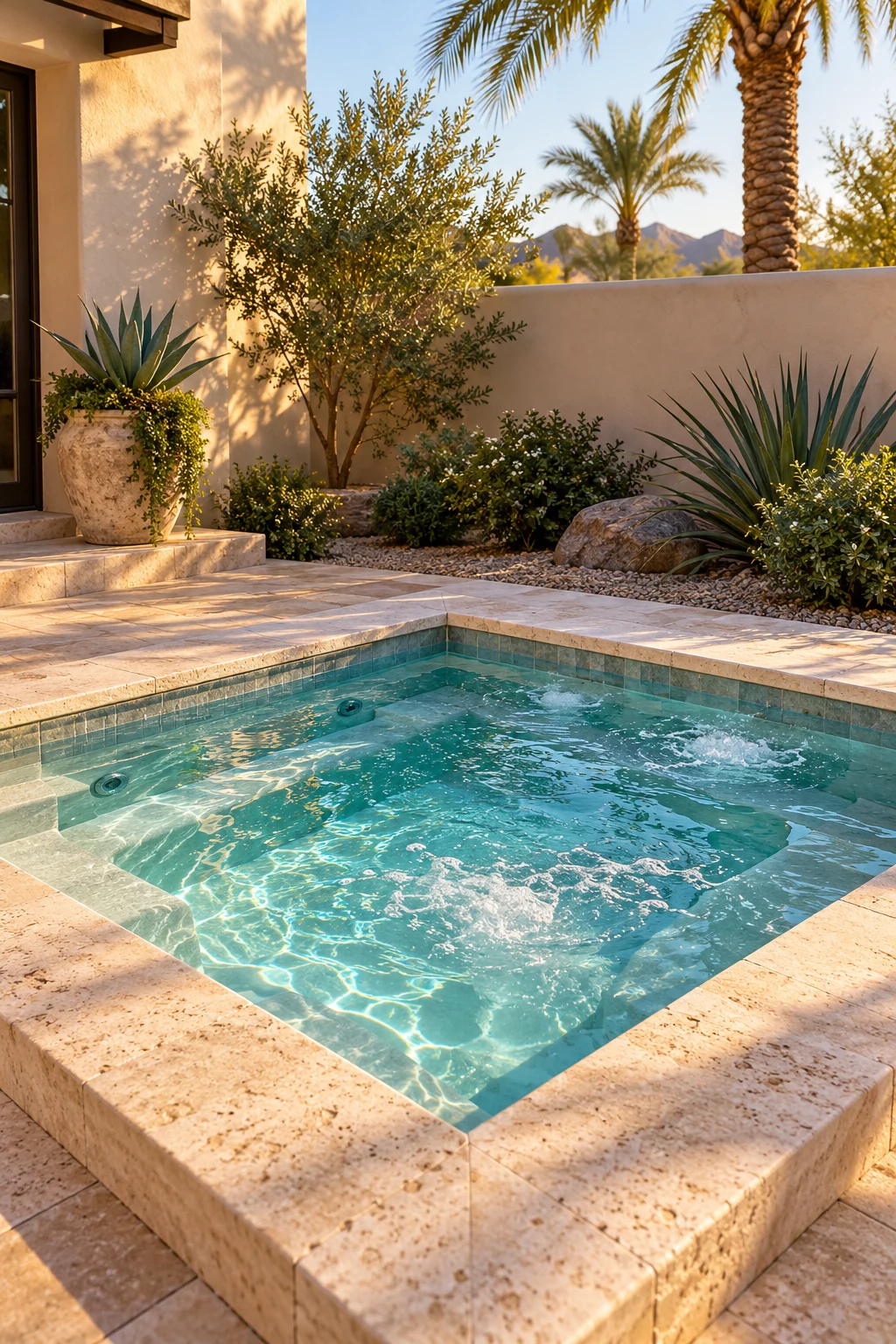Clear water in a stone hot tub beside desert planting